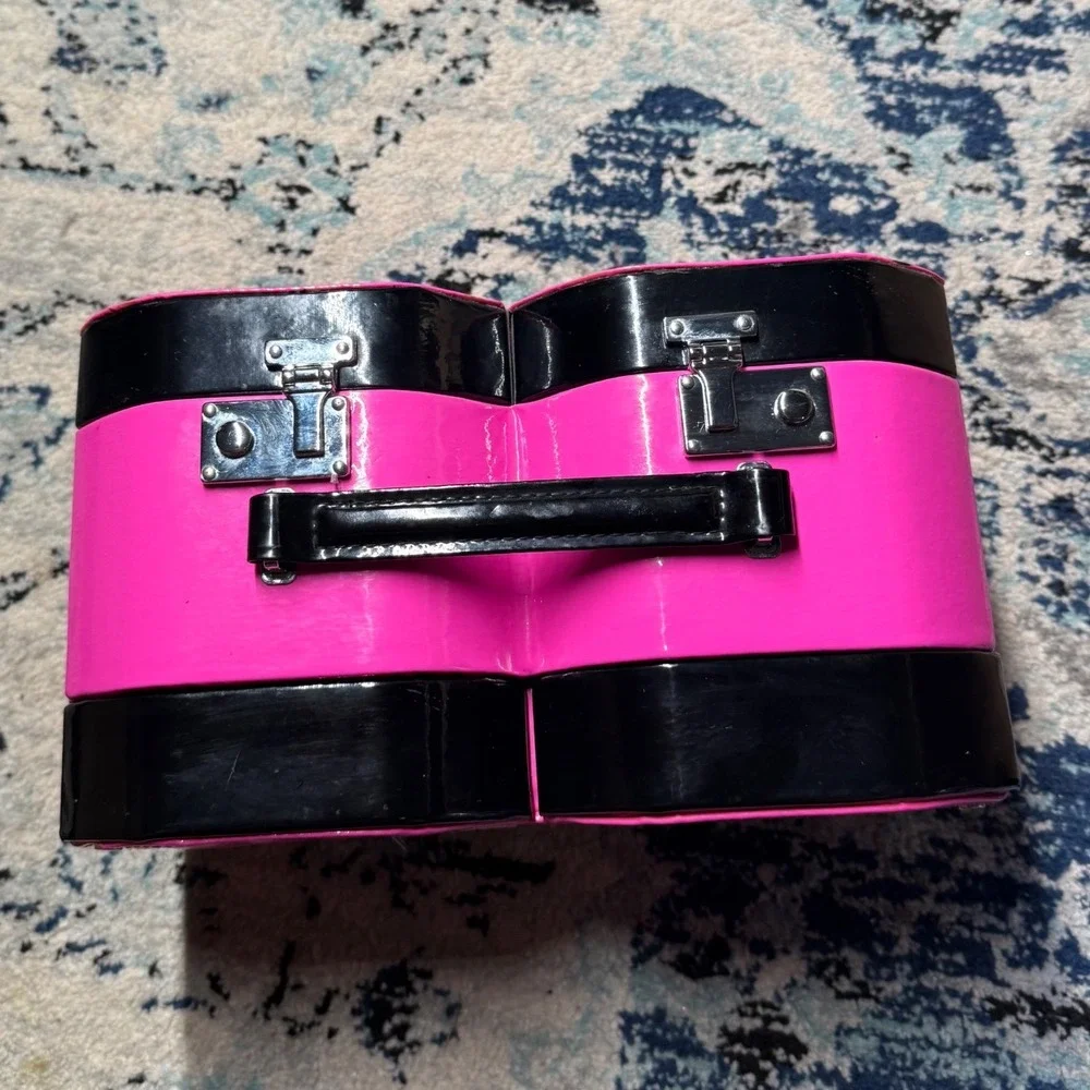 Vintage Pink Black Heart Shaped Makeup Train Case Vanity Mirror Box Y2K Storage